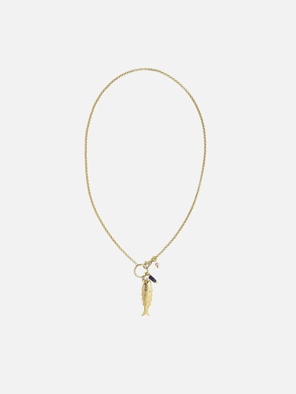 JIN Mimi Necklace – altın, ön görünüm, balık figürü ve minik taşlar