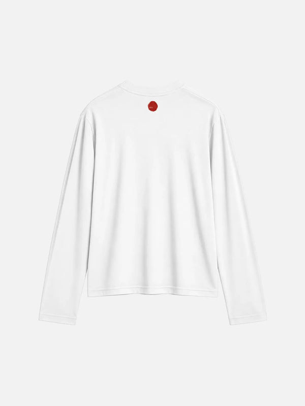 shopi go Mizuho Printed LS T-Shirt – beyaz, arka görünüm, kırmızı daire logo