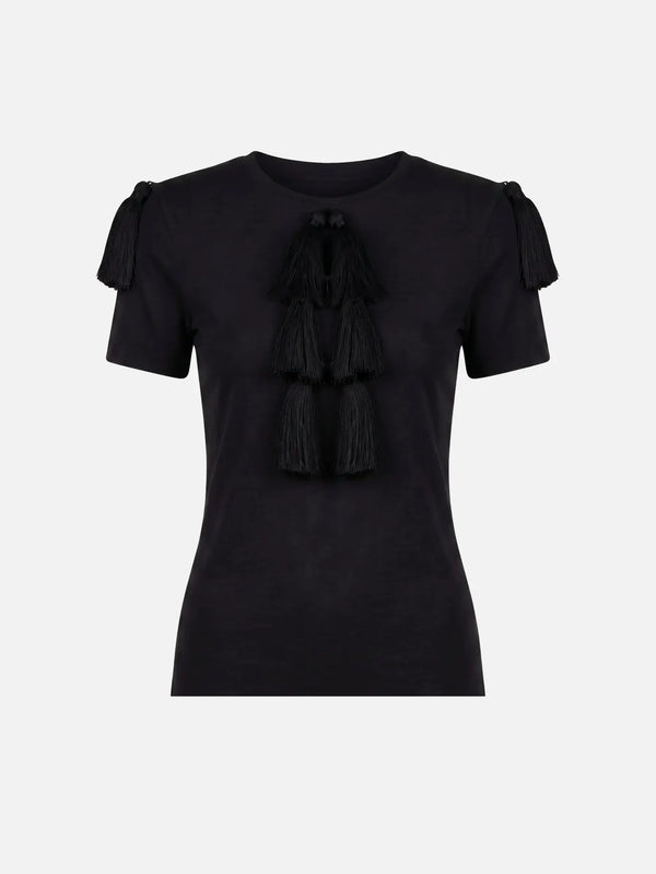 CULT FORM Napoleon Short Sleeve Top - Black – siyah, püsküllü ön görünüm