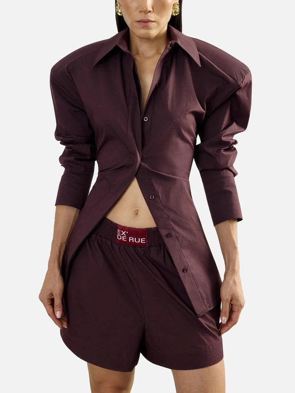 EX DE RUE Padded Pleated Bordoeux Shirt – bordoeux, önden görünüm