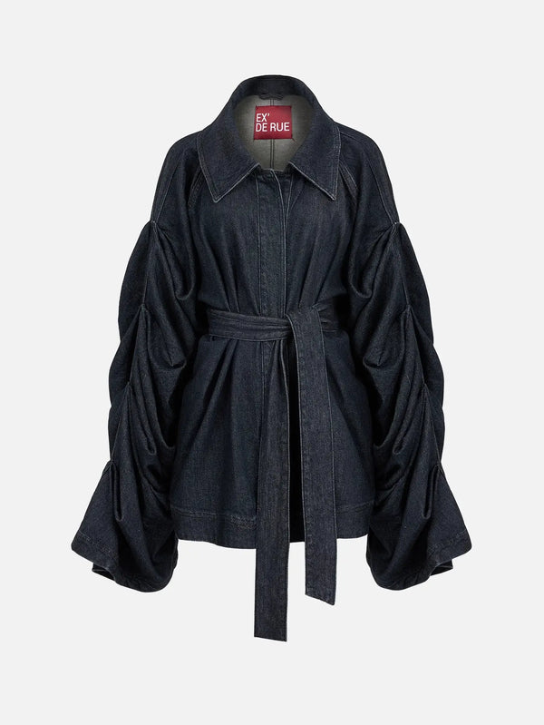 EX DE RUE Sculpt Denim Jacket III – lacivert, önden görünüm, kemerli bel