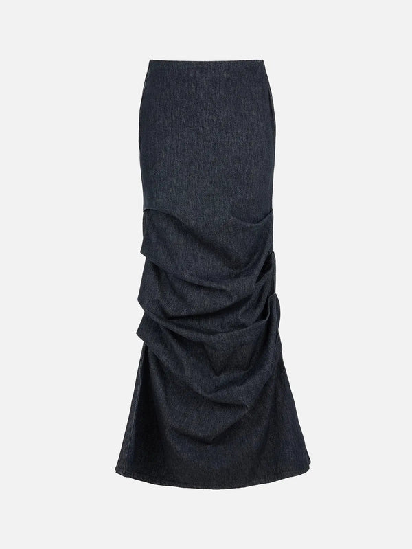 EX DE RUE Sculpt Skirt III – lacivert, ön görünüm, denim dokusu ve drapeli detaylar