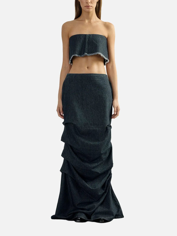 EX DE RUE Sculpt Skirt III – lacivert denim, önden görünüm