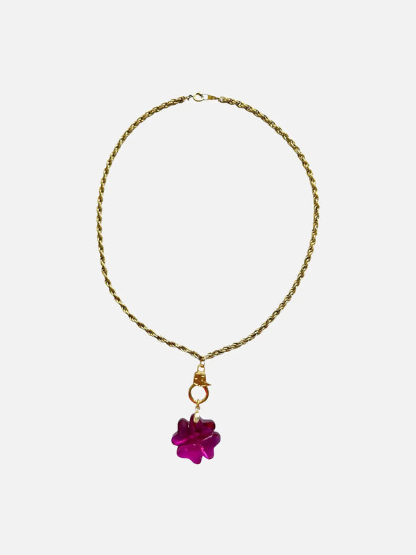 NES VINTAGE Vintage 1980s Gold Rope Chain Necklace – Swarovski Fuchsia Clover, kolye ucundaki çiçek görünümü