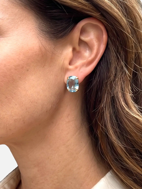 NES VINTAGE Swarovski Aqua Marine Blue Cushion Cut Crystal Stud Earrings with Vintage Setting – aqua marine blue, yan görünüm