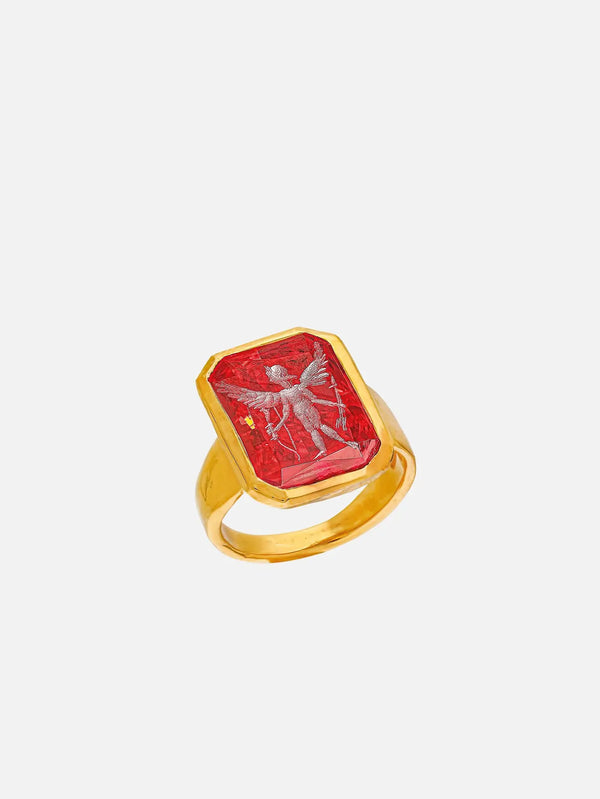 shopi go The Red Angel Ring – kırmızı taş, altın renkli yüzük, yakın çekim
