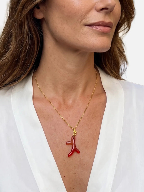 NES VINTAGE Vintage Designer House Chain Necklace with Swarovski Amber Crystal Coral Pendant - 1980’s – amber, önde