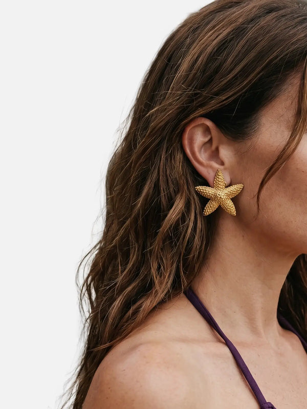 NES VINTAGE Vintage Textured Gold Tone Starfish Earrings – Gold Tone, yandan görünüm