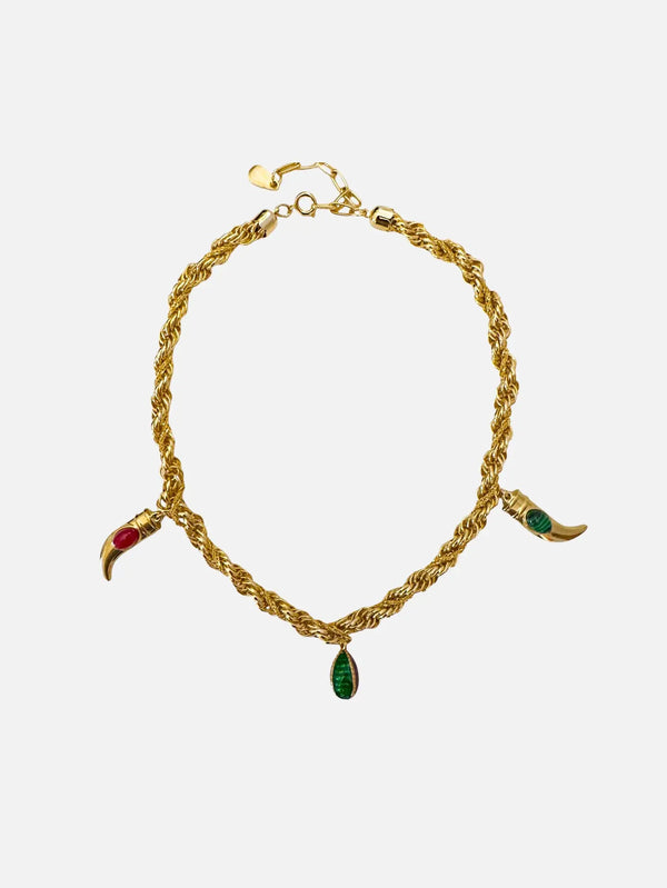 NES VINTAGE Vintage Triple Gold Chain Necklace with Joan Rivers Egg & Horn Charms - 1980s – altın, önden görünüm