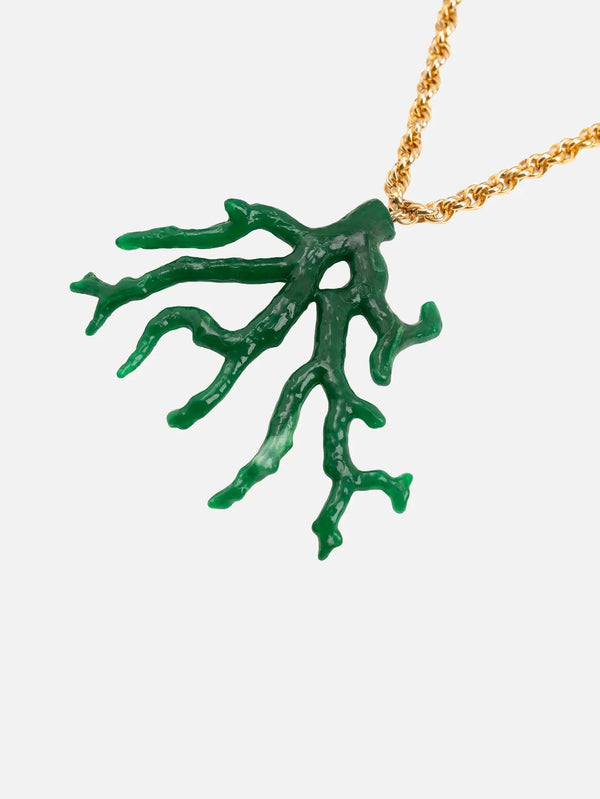 NES VINTAGE Vintage Gold Rope Chain Necklace with Green Resin Coral Branch Pendant - 1980s – yeşil, yakın çekim
