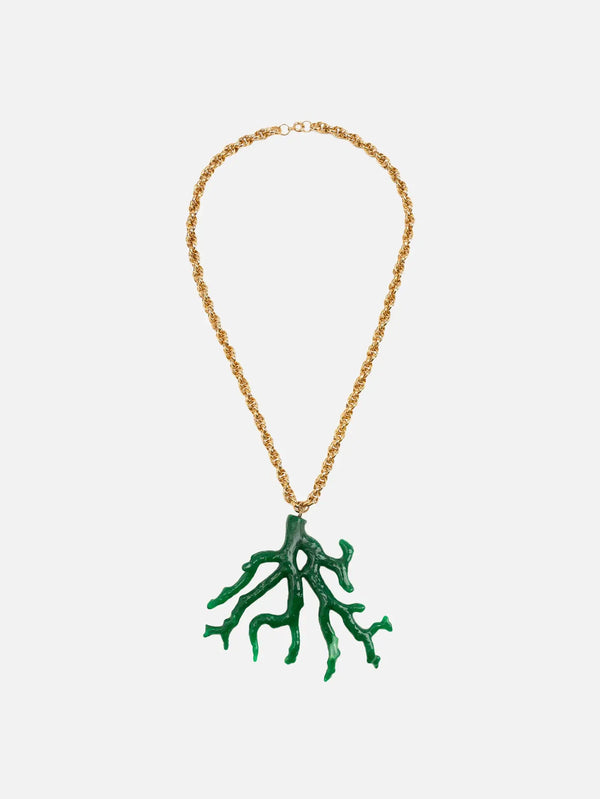 NES VINTAGE Vintage Gold Rope Chain Necklace with Green Resin Coral Branch Pendant – 1980s – yeşil mercan dalı kolyesi, önden görünüm