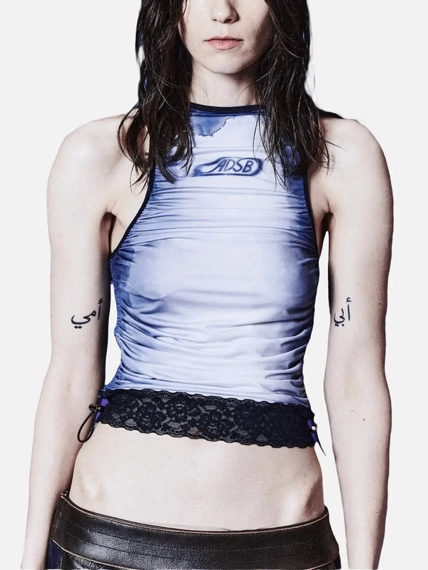 ANDERSSON BELL Lisa Watercolour Sprayed Logo Shirring Top - Navy - Athletics ATLET
