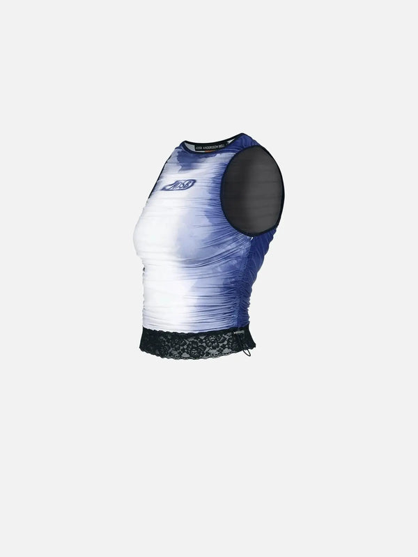 ANDERSSON BELL Lisa Watercolour Sprayed Logo Shirring Top - Navy - Athletics ATLET