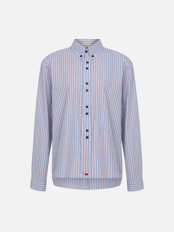 MI MAGIC LOVE Ease Blue Striped Boyfriend Shirt – mavi çizgili, önden görünüm
