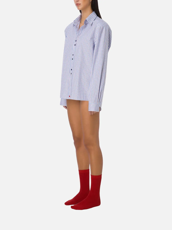 MI MAGIC LOVE Ease Blue Striped Boyfriend Shirt – blue striped, yan görünüm