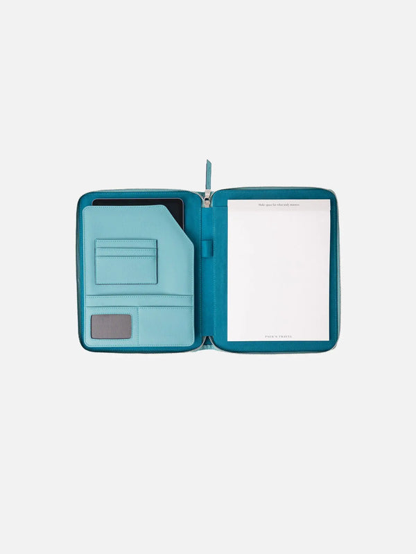 PACK'N TRA iPad Kılıfı – turkuaz, iç görünüm; kart/kimlik yuvaları ve not defteri bölmesi