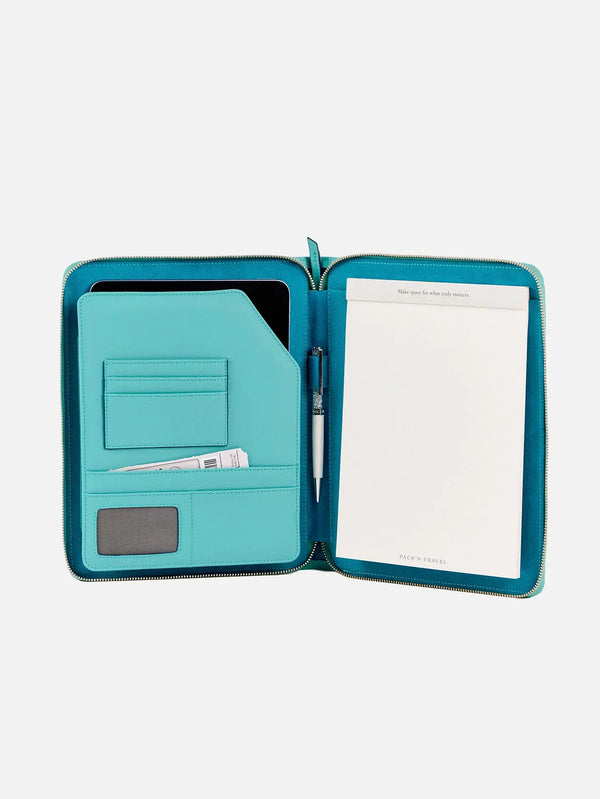 PACK'N TRA iPad Kılıfı – turkuaz, açık iç görünüm, kart ve not bölmeleri