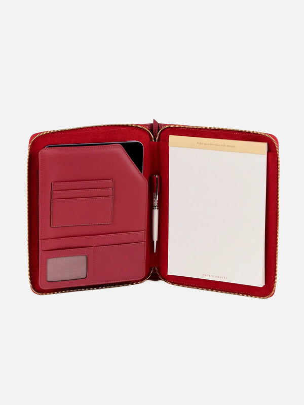 PACK'N TRA iPad Kılıfı – kiraz kırmızısı, açılır iç görünümde kartlıklar ve not defteri