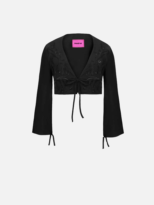 SEVDRUS Cotton Floral Embroidered Black Cardigan – siyah, önden görünüm, çiçek nakışlı