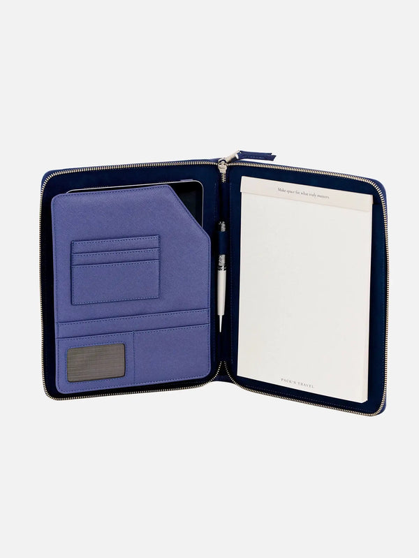 PACK'N TRA iPad Kılıfı – Lacivert, açık görünüm: kartlık ve not defteri bölümü