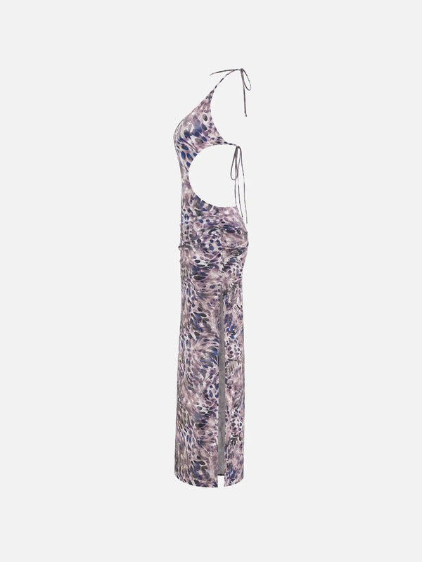 SLOWBURN Dione Dress – mor tonlarda desenli, yan görünüm