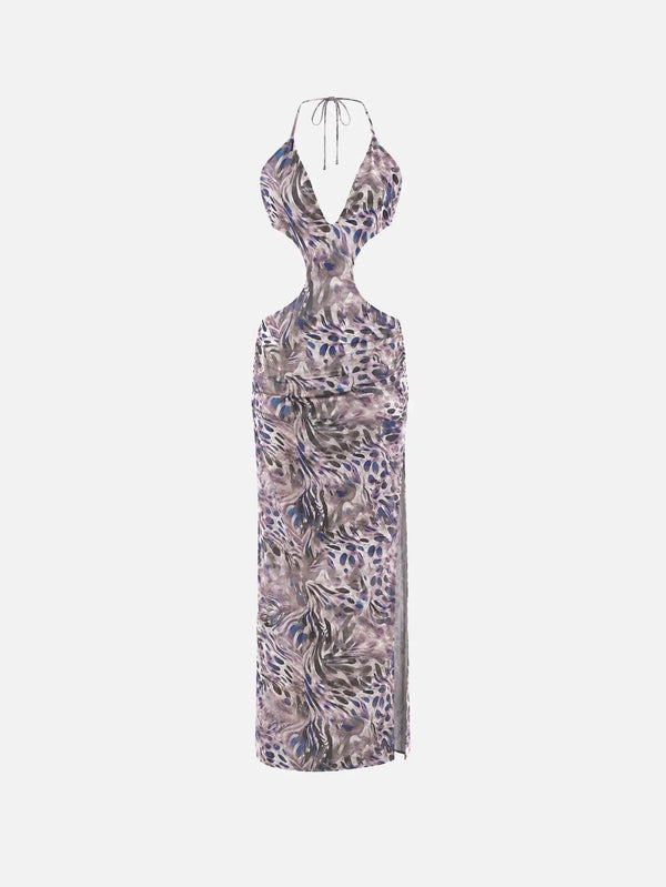 SLOWBURN Dione Dress – mor tonlarda desenli, ön görünüm