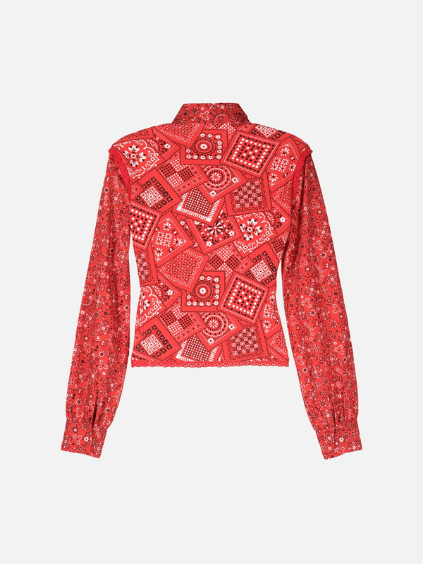 ERL - BLUZ - Printed Knit Combo Blouse - Red - shopi go'da!.