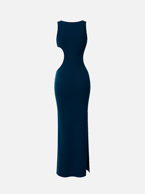 SLOWBURN Eve Dress – lacivert, arka görünüm, yan kesitli uzun elbise
