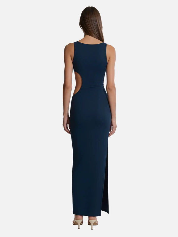SLOWBURN Eve Dress – lacivert, arka görünüm, yan kesit açıklıklı, uzun etek