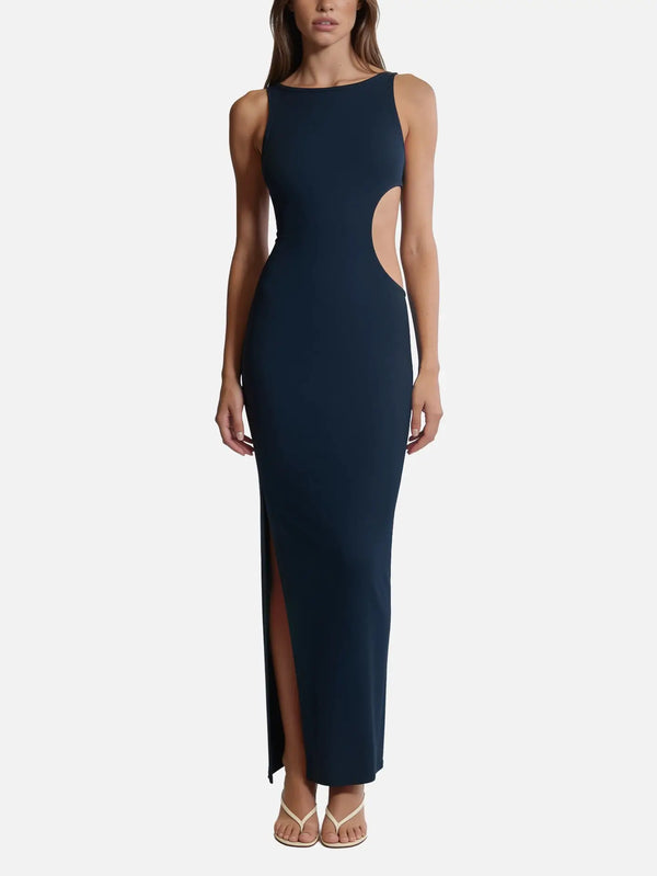 SLOWBURN Eve Dress – lacivert, model üzerinde, önden görünüm