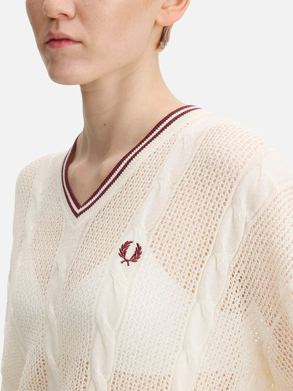 FRED PERRY - KAZAK - Mesh Cable Knit Jumper - Ecru - shopi go'da!.