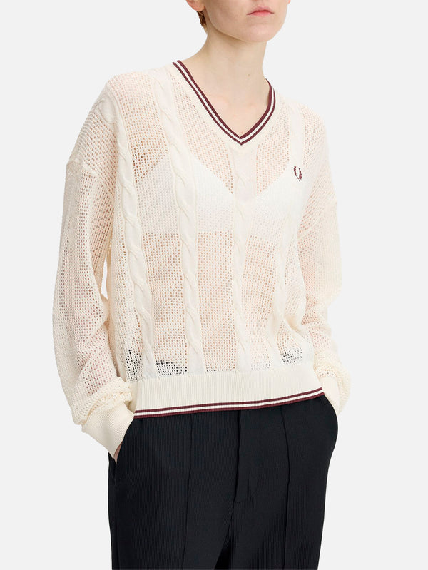 FRED PERRY - KAZAK - Mesh Cable Knit Jumper - Ecru - shopi go'da!.