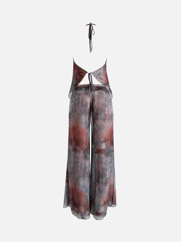 SLOWBURN Ilsa Set – kırmızı-gri tonlarında, arka açık halter üst ve geniş paça pantolonlar