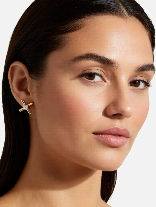 X STUDIO The X Sparkle Earrings - Gold – yakın çekim, kulak memesi görünümü