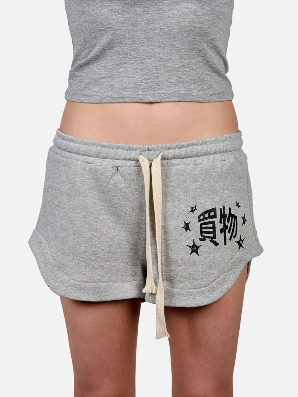 shopi go Naha Mini Shorts - Melange Grey – arka görünüm, bağcıklı bel ve yan baskı