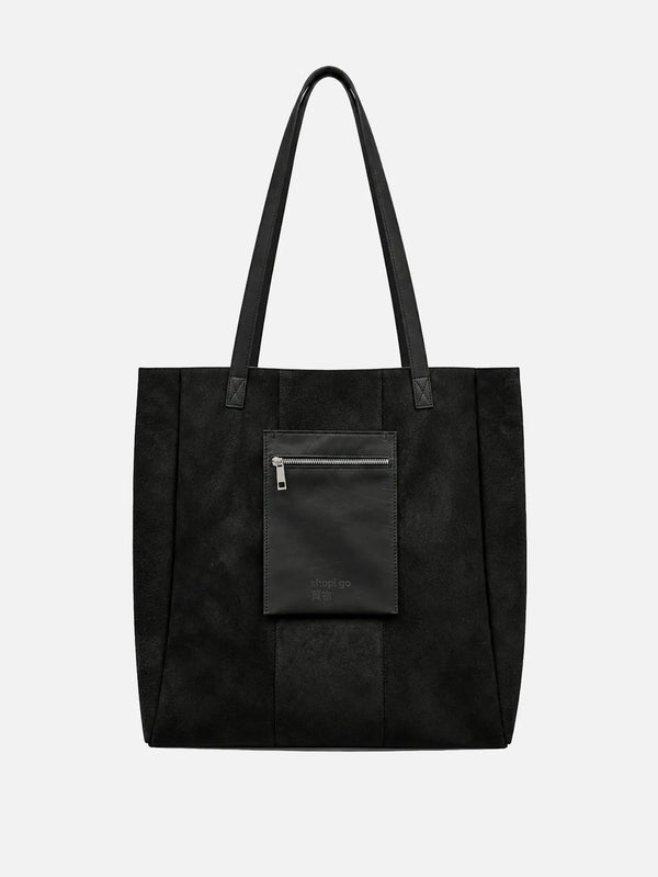 shopi go Kurobe Leather Tote Bag - Black – ön görünüm, fermuarlı ön cep