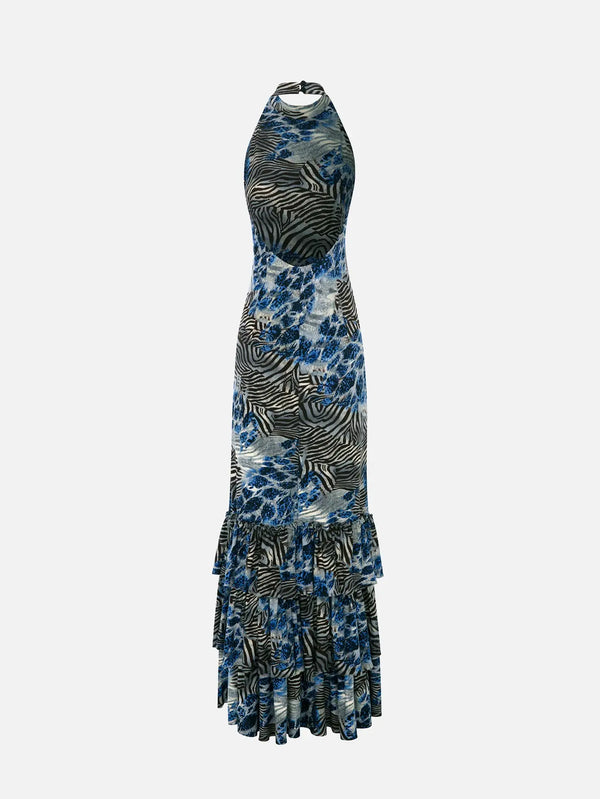 MI MAGIC LOVE Liora Blue Leopard Maxi Dress – Blue Leopard, ön görünüm
