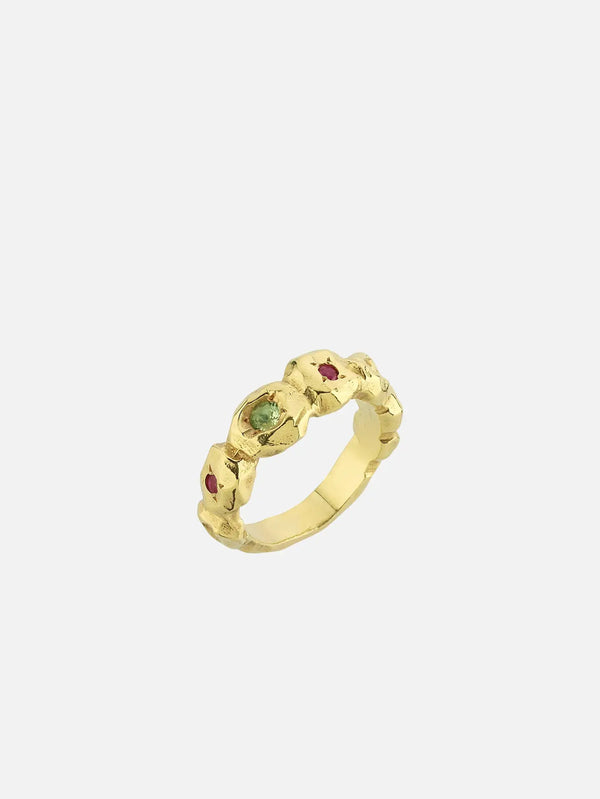 JEWELS FOR JOY Ludicrum Ring – altın, yeşil ve kırmızı taşlar, önden görünüm