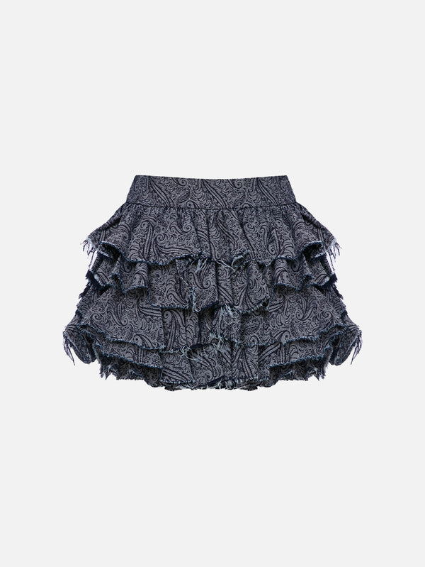 MI MAGIC LOVE - ETEK - Mills Ruffled Mini Denim Skirt - Dark Blue Pattern - shopi go'da!.