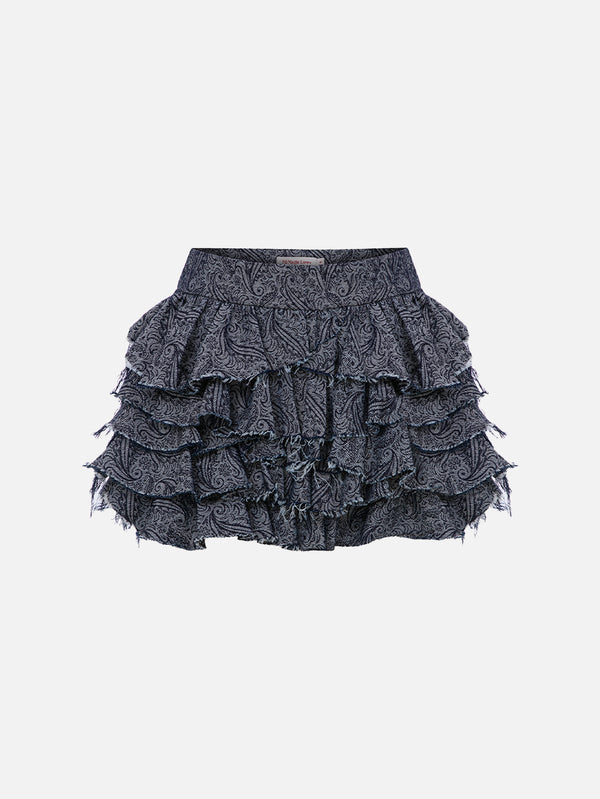 MI MAGIC LOVE - ETEK - Mills Ruffled Mini Denim Skirt - Dark Blue Pattern - shopi go'da!.