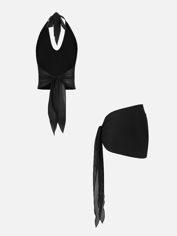 MI MAGIC LOVE Muse Black Glitter Set – siyah, önden görünüm, iki parçalı halter üstü ve kuşak bağlamalı