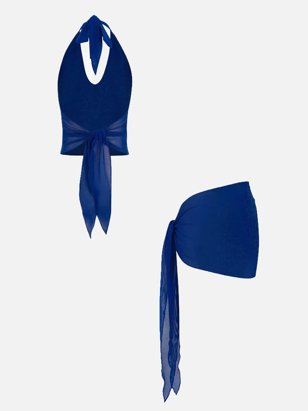 shopi go Muse Navy Blue Glitter Set – lacivert, halter yakalı üst ve bağcıklı detay, önden görünüm