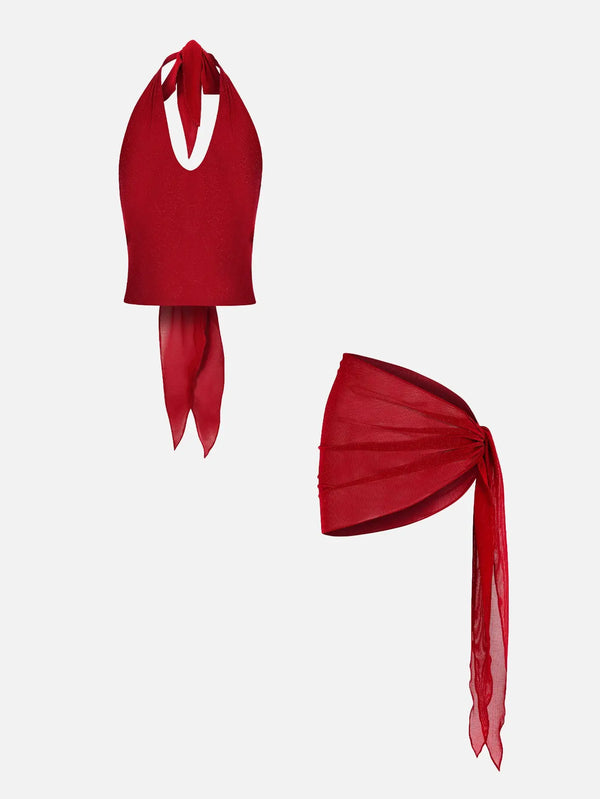 MI MAGIC LOVE Muse Red Glitter Set – kırmızı, iki parçalı, önden görünüm: halter üstü ve tül şal