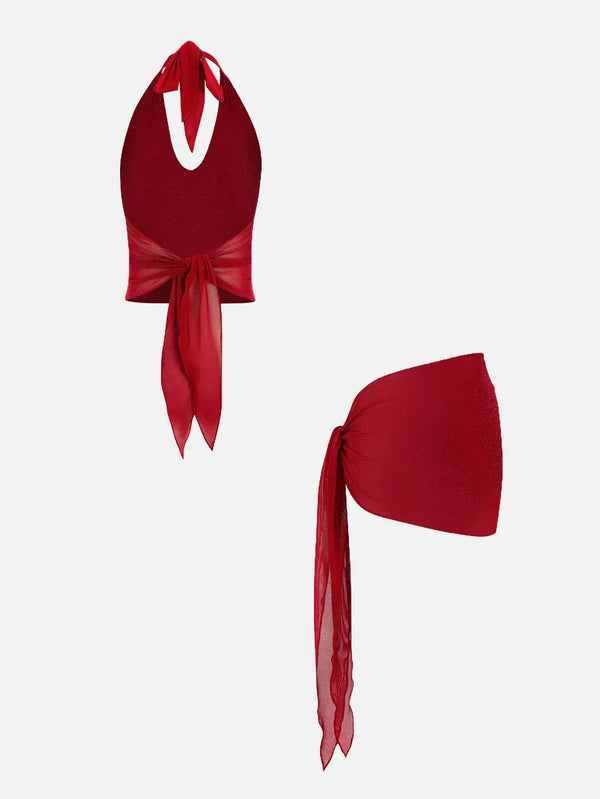 MI MAGIC LOVE Muse Red Glitter Set – kırmızı, iki parçalı halter üst ve bağcıklı alt parça, önden görünüm