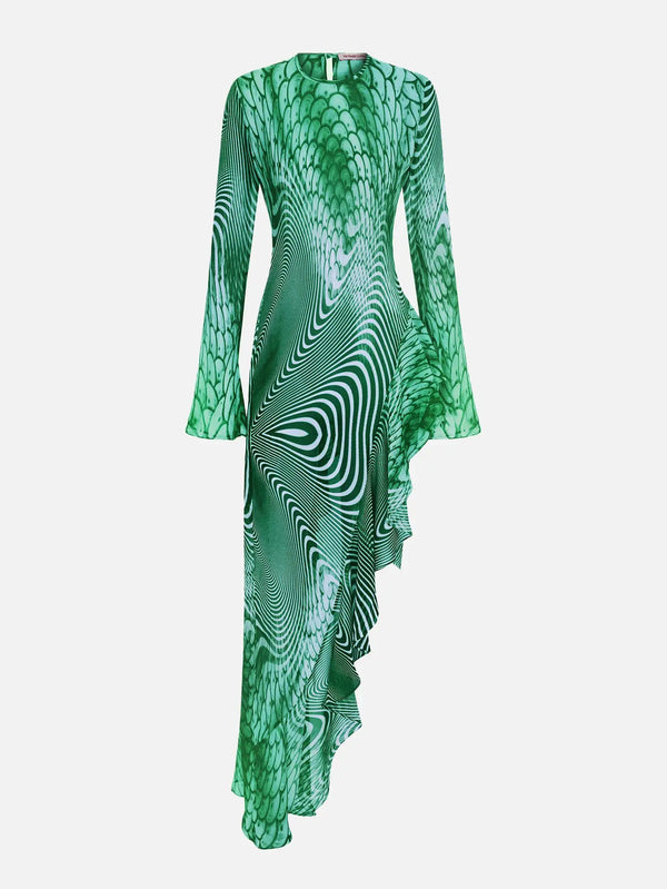 MI MAGIC LOVE Nalu Green Patterned Dress – yeşil, önden görünüm, uzun kollu