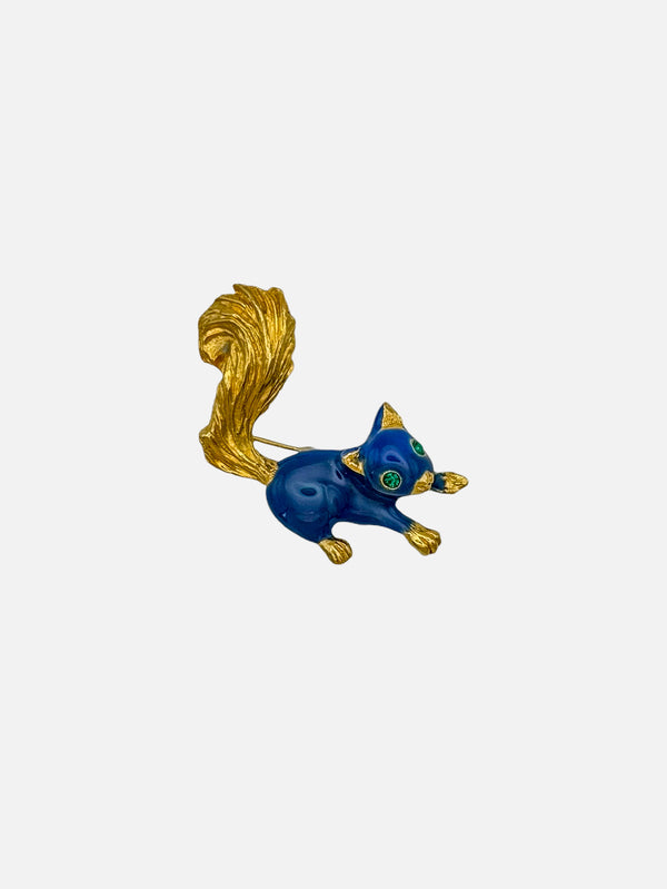 NES VINTAGE - BROŞ - Vintage Gold Plated Blue Enamel Squirrel Brooch with Green Eyes - shopi go'da!.