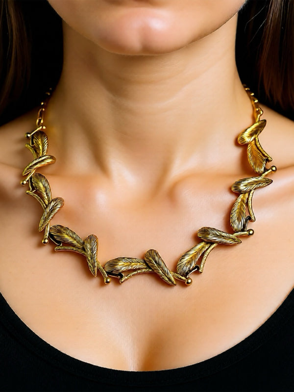 NES VINTAGE - KOLYE - Vintage Gold Plated Feather Pattern Necklace - shopi go'da!.