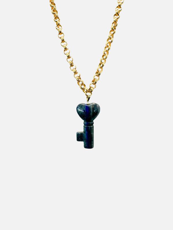 NES VINTAGE - KOLYE - Vintage Gold Plated Rolo Chain Necklace With Natural Lapis Lazuli Gemstone Pendant - shopi go'da!.