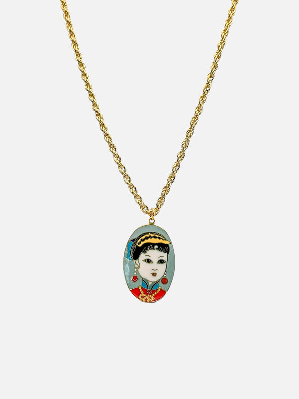 NES VINTAGE - KOLYE - Vintage Gold Plated Rope Chain Necklace with Geisha Cloisonne Pendant (Grey) - shopi go'da!.