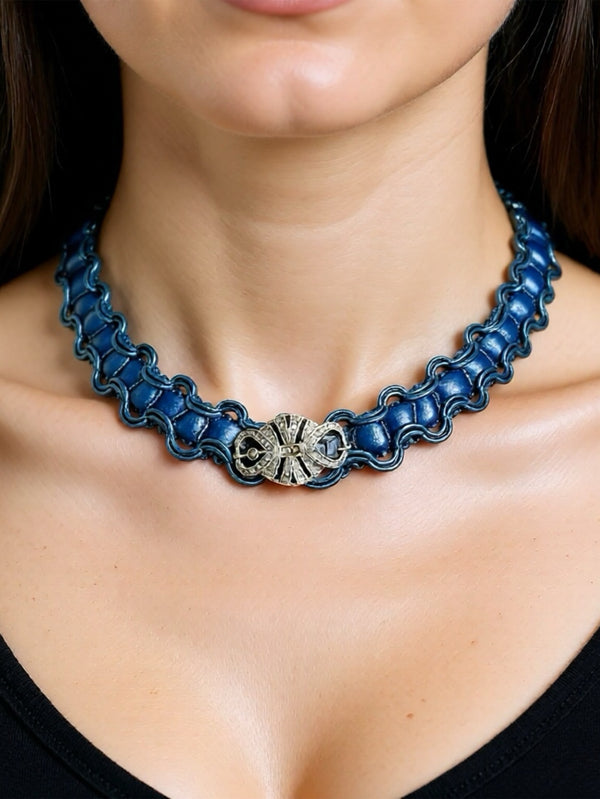 NES VINTAGE - KOLYE - French Blue Velvet Choker With Vintage Marchasite Charm - shopi go'da!.